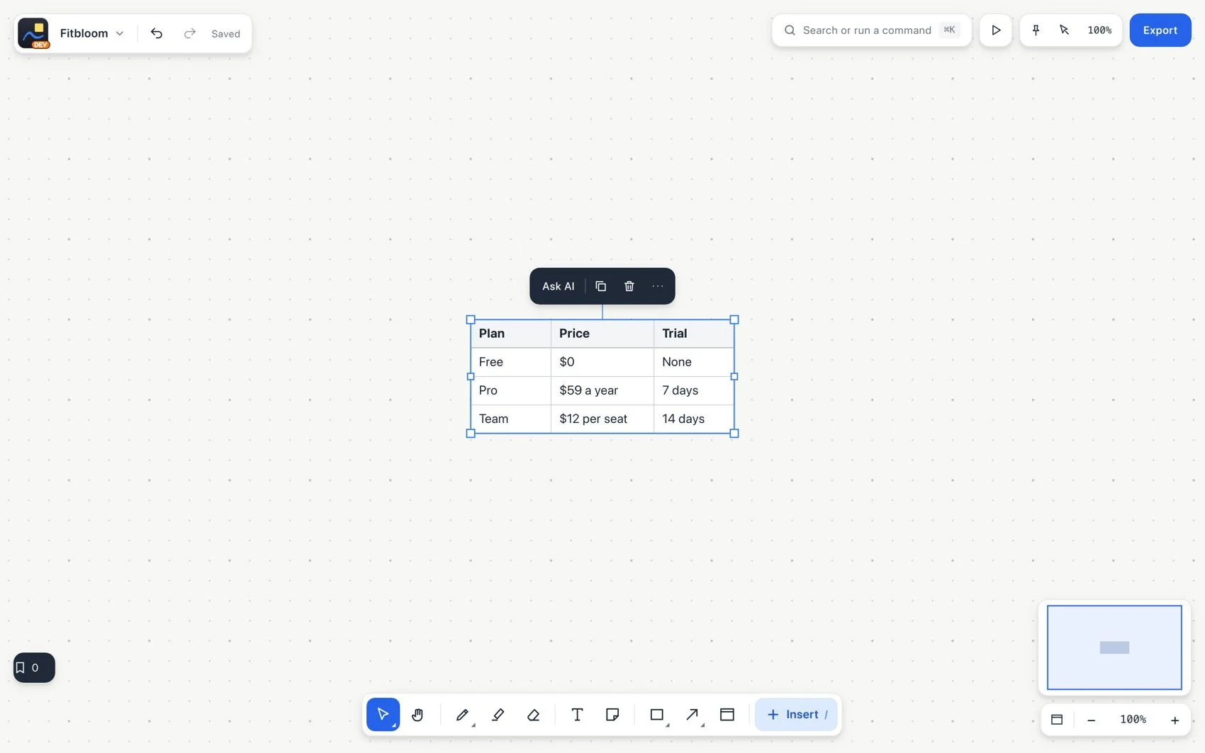 Context bar: table