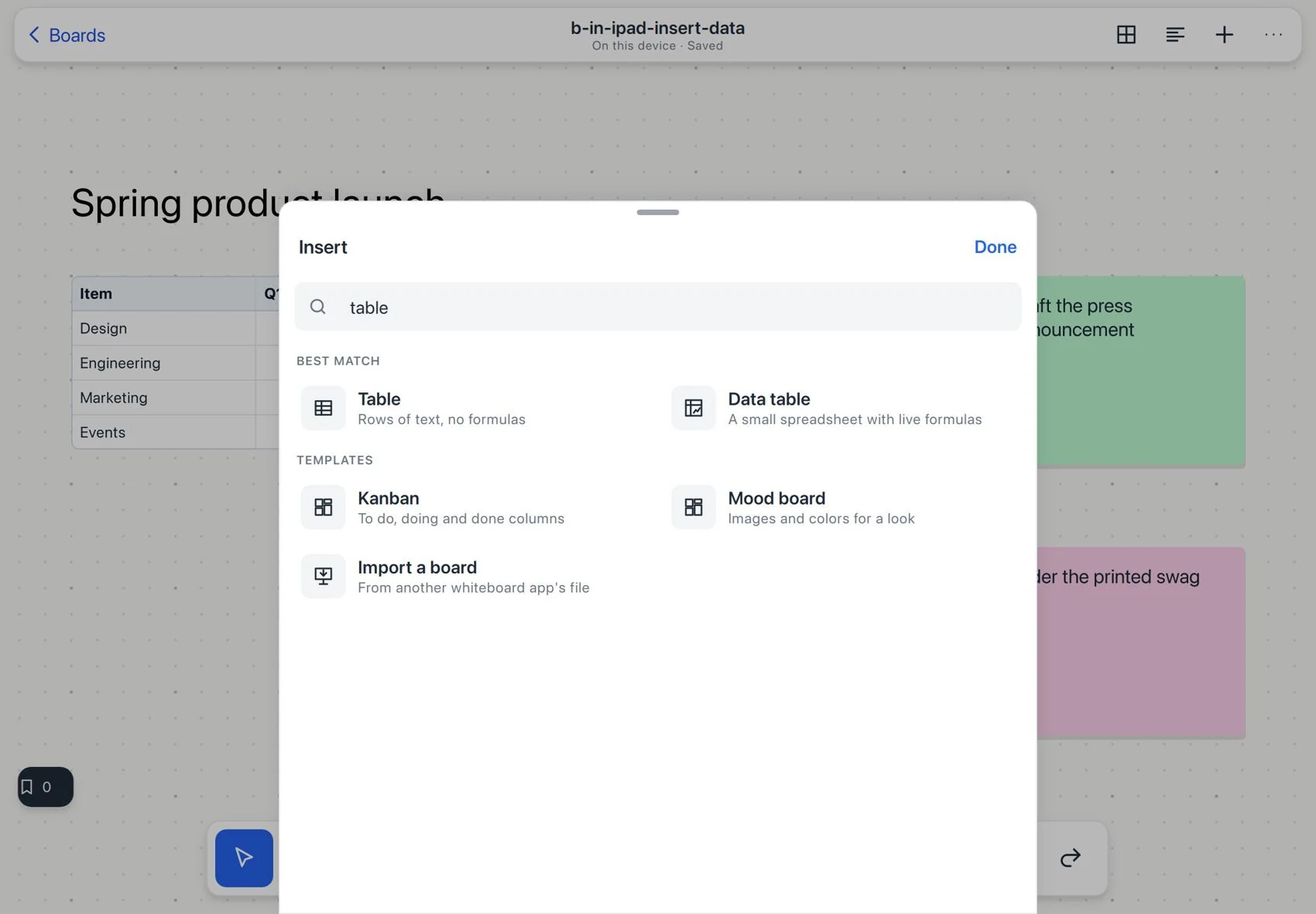 iPad: tables and data